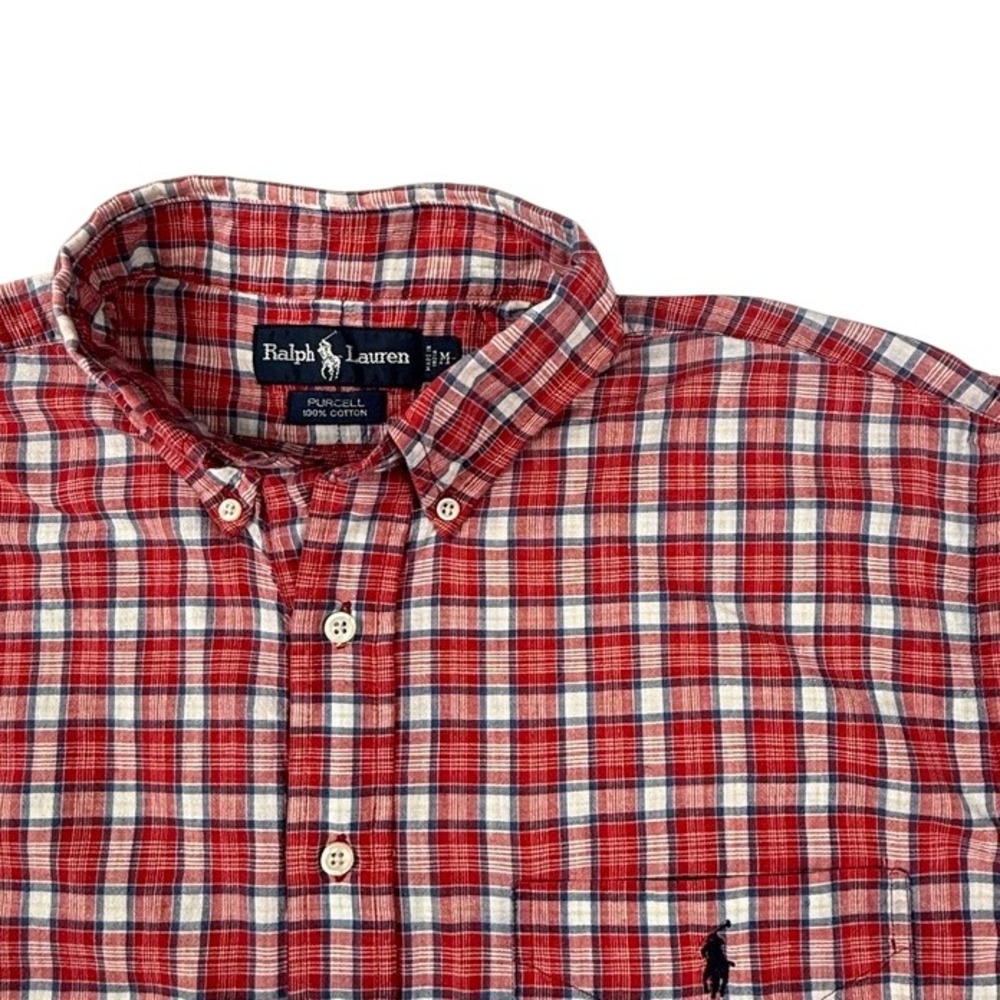 Ralph Lauren Purcell Mens Medium Red Plaid Short Sleeve Partial Button Shirt